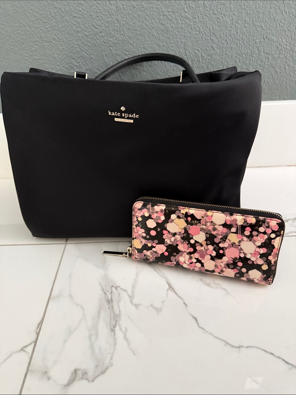 kate spade Black Tote with Pink Floral Zip Wallet